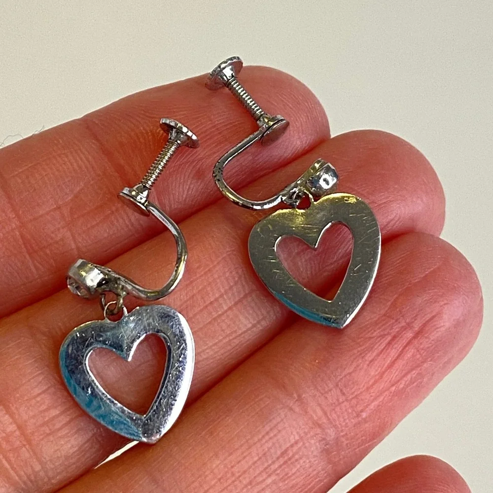Vintage Sterling‎ Silver Rhinestone Heart Screw Back Earrings Romantic Bridal